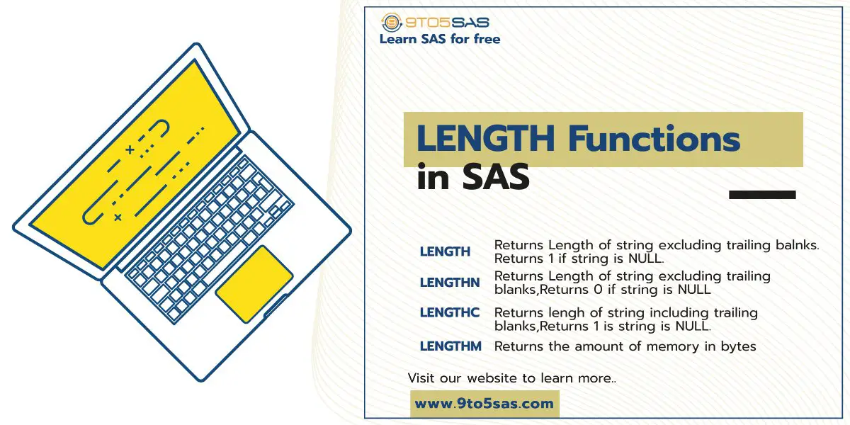 Length functions in SAS: LENGTH / LENGTHN / LENGTHC / LENGTHM.