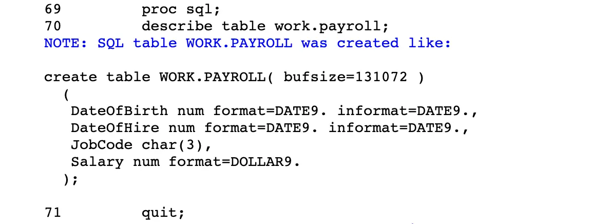 proc SQL create table