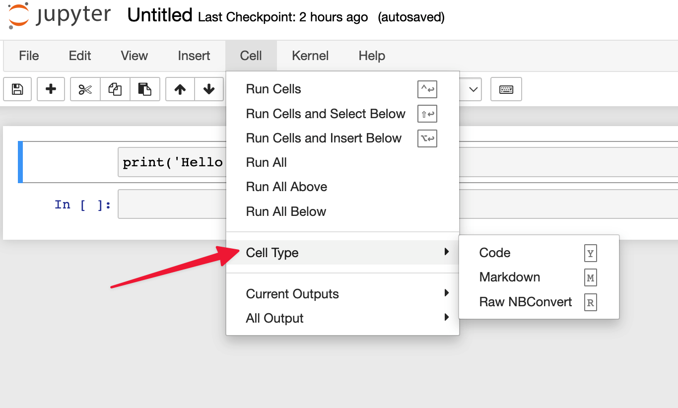 Screenshot displaying the cell type selection dropdown menu in Jupyter Notebook.