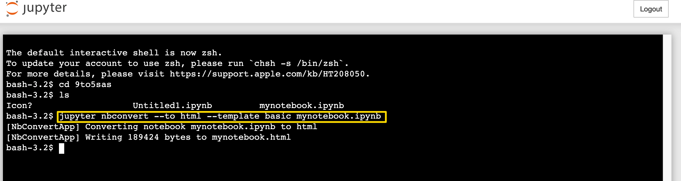 Screenshot of a terminal running the nbconvert command in Jupyter Notebook.
