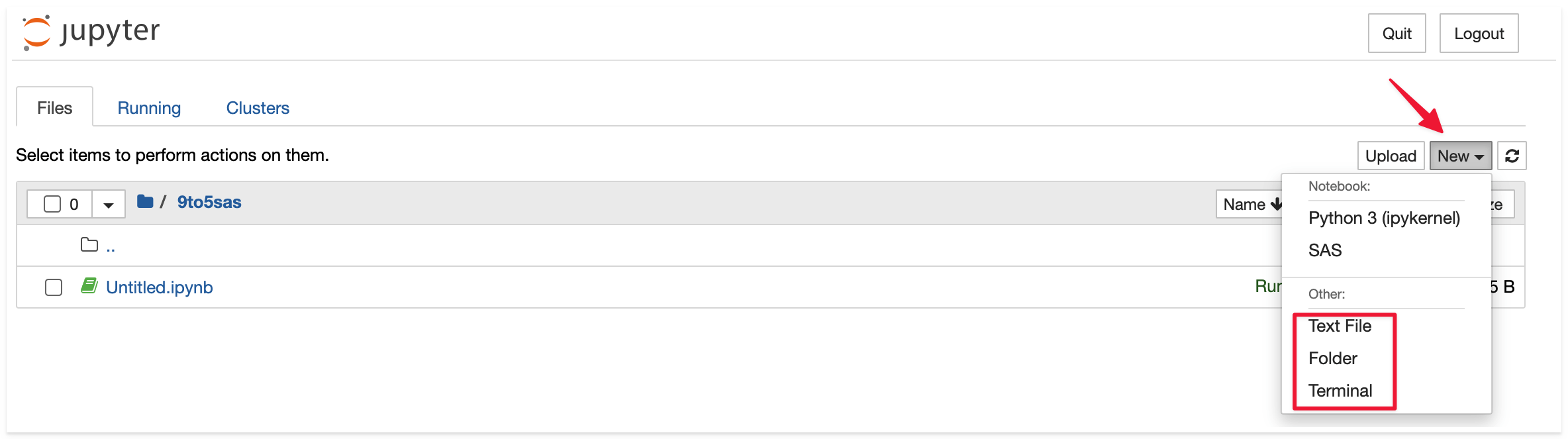 Jupyter Notebook Tutorial: A Comprehensive Guide for Data Scientists 22 Screenshot showcasing the 'New' dropdown menu in Jupyter Notebook, highlighting options to start a new 'Terminal', create a 'Text File', or open a 'Folder'.