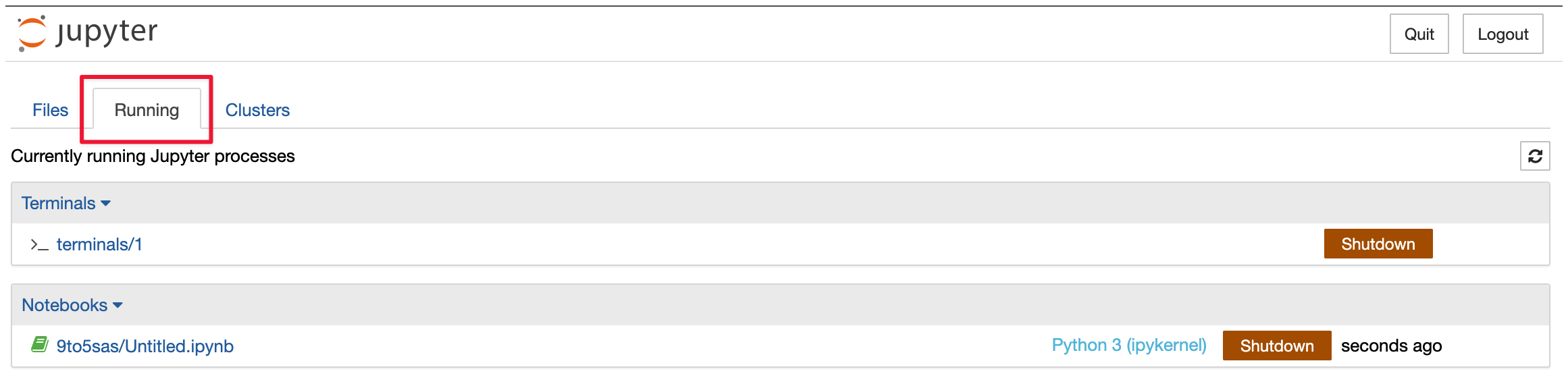 Jupyter Notebook Tutorial: A Comprehensive Guide for Data Scientists 23 Screenshot of the 'Running' tab in Jupyter Notebook's dashboard.